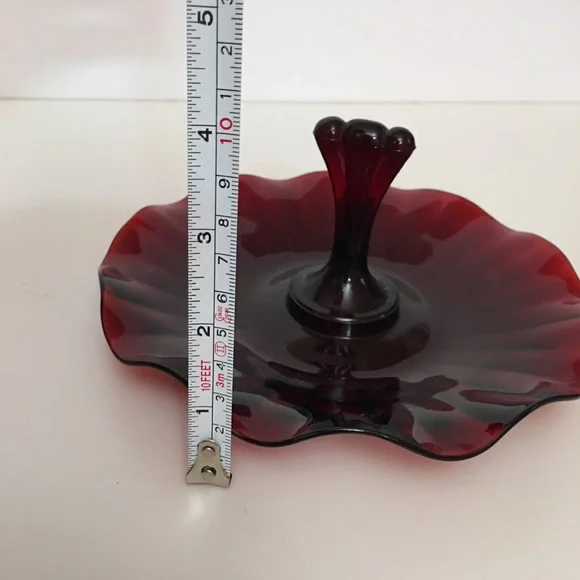 Vintage art Deco Cranberry Glass Candy Dish Wavy Edging with Handle Trinket Tray - Picture 5 of 11